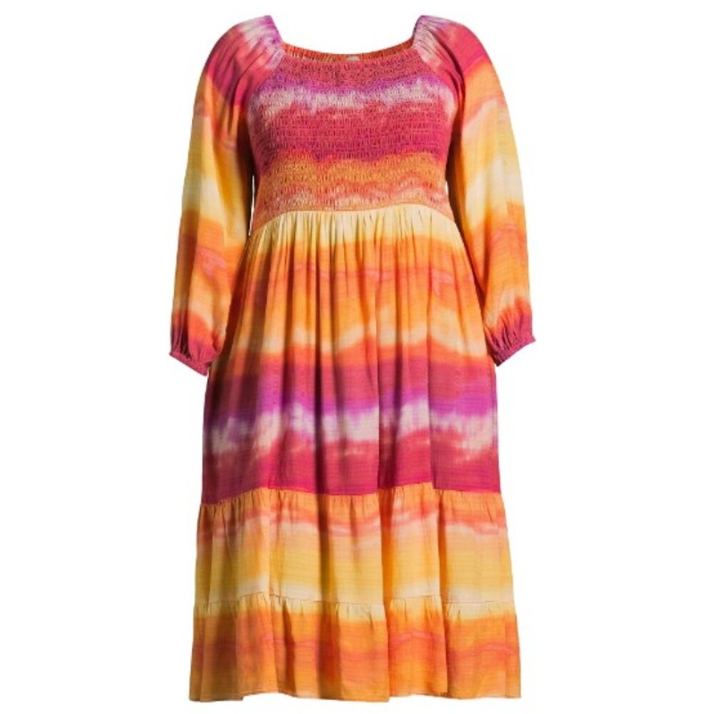 Terra & Sky Women's Plus Size Square Neck Smocked Dress, SUNRISE DYE/PEACHY KEEN